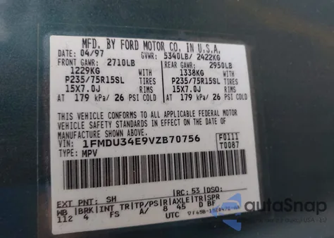 1997 Ford Explorer Eddie Bauer/Limited/Xl/Xlt z USA, uszkodzony, nr VIN 1FMDU34E9VZB70756